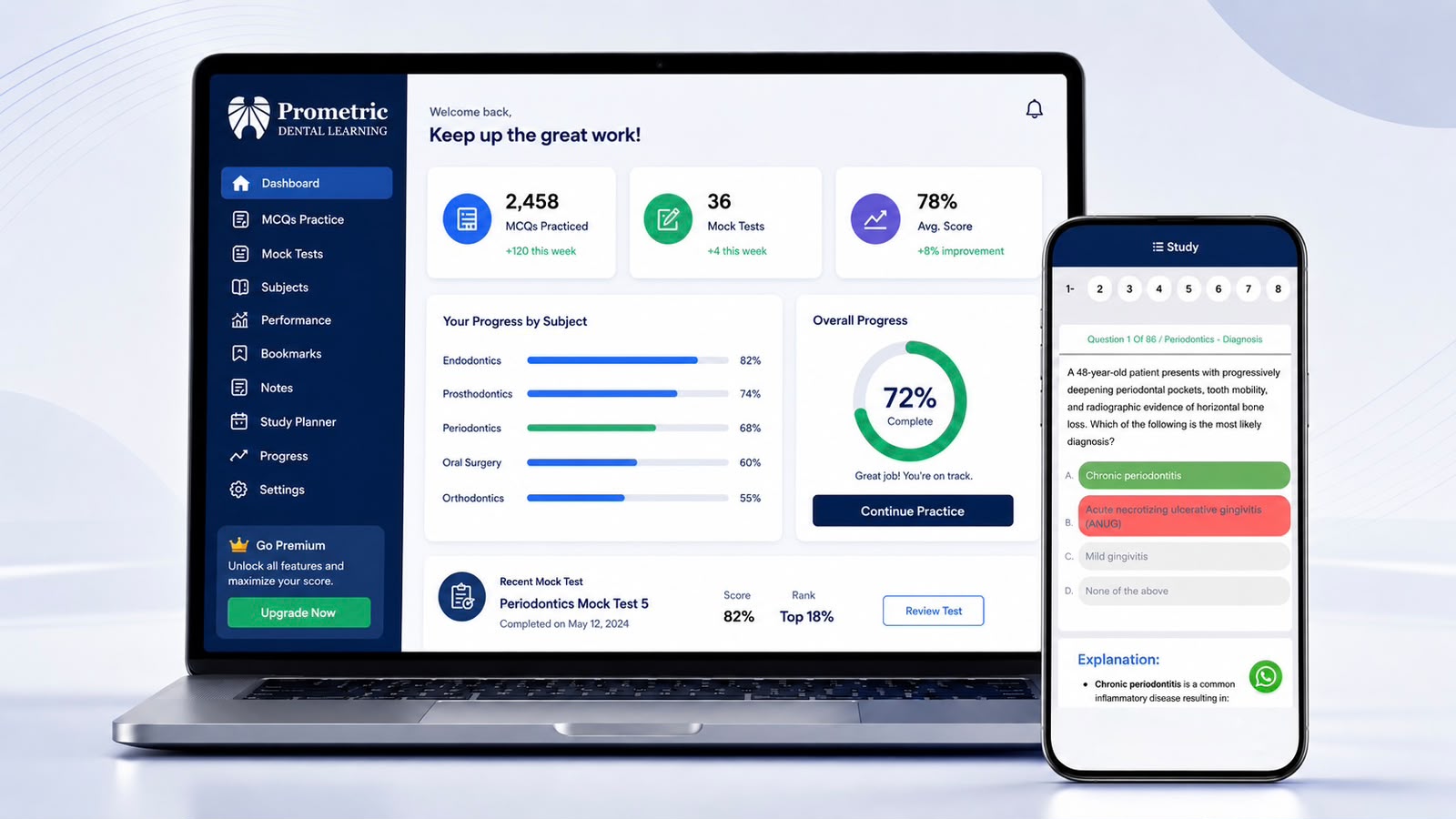 Prometric Dental Learning dashboard on laptop and phone